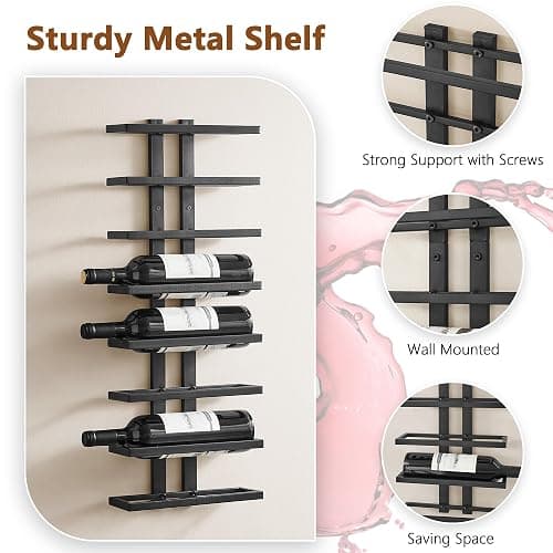 Hoctieon 8 Tier Wall Mount Wine Rack, Wall Racks for Wine Bottles Display and Storage, Hanging Bottle Organizer for Living Room, Dining Room, Wine Cellar, Bar, Black thumbnail 7