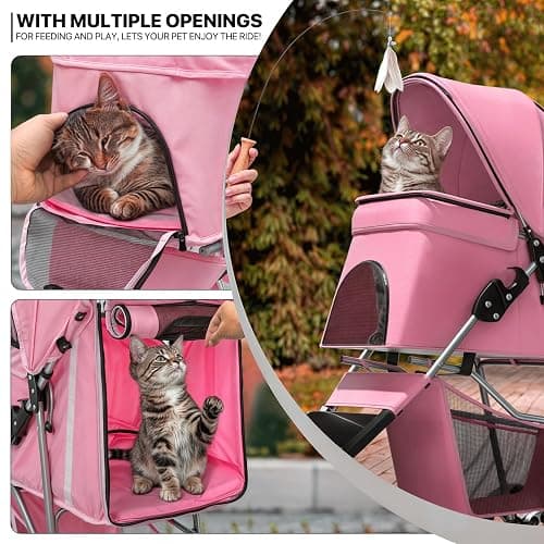 MoNiBloom 3-Wheels Foldable Pet Stroller with Waterproof Cover, Pet Strolling Cart for Small/Medium Dogs and Cats with Storage Basket and Cup Holder, Breathable and Visible Mesh for All-Season, Pink thumbnail 10