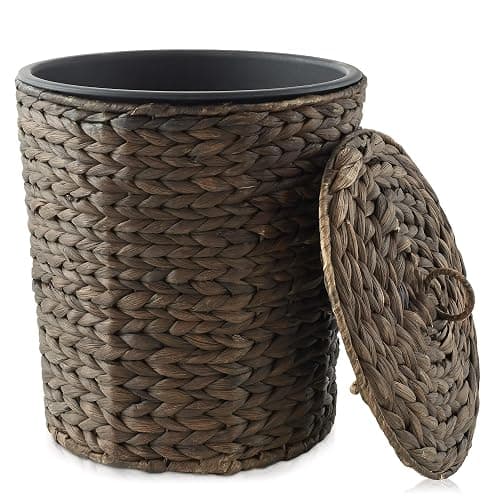 Casafield Water Hyacinth Trash Can with Lid and Liner - Espresso, Woven Waste Basket for Bathroom, Bedroom, Laundry Room, Home Office - Image 1