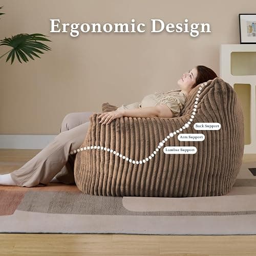Giant Plush Bean Bag Chair for Adults with Armrests - Oversized Comfy Khaki Beanbag Lounge Lazy Floor Sofa Chair for Living Room, Bedroom & Dorm, Cozy Fluffy Single Cloud Mini Couch - XL Sofa Chair - Khaki thumbnail 7