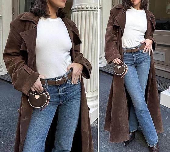 utcoco Womens Faux Suede Long Trench Coat Notched Lapel Double Breasted Pea Coat Overcoat with Belt thumbnail 6