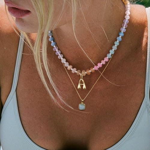 KissYan Initial Necklaces for Women, Colorful Beaded Gemstone Choker 14K Gold Bubble Letter Pendant Necklace Natural Stone Summer Beach Handmade Jewelry Gift thumbnail 2