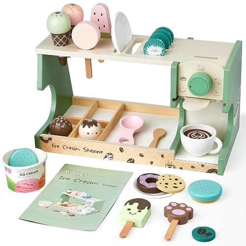 medoga Wooden Ice Cream Toy, 3-in-1 Ice Cream Counter with Coffee Maker 28 PCS Toddler Pretend Play Kitchen Accessories Wooden Toys for 3 4 5 6 Year Old Girl or Boy (Ice Cream) - Image 1