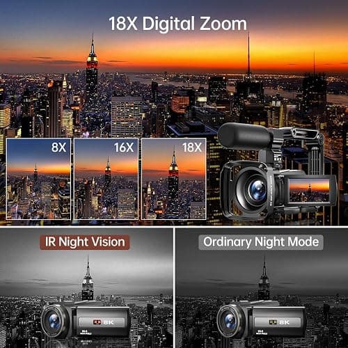 8K Video Camera Camcorder 88MP UHD WiFi Vlogging Cameras for YouTube 18X Digital Zoom IR Night Vision 3.0''Touch Screen Camera with 32GB Card, Microphone, Stabilizer, Lens Hood, Remote, Batteries thumbnail 3