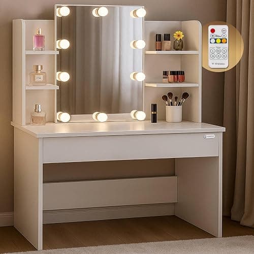 Casaria® Schminktisch mit Spiegel LED Beleuchtung Fernbedienung Schublade Beleuchtet Organizer Weiß Frisiertisch Ablagen 110x40cm Kosmetiktisch Holz thumbnail 7