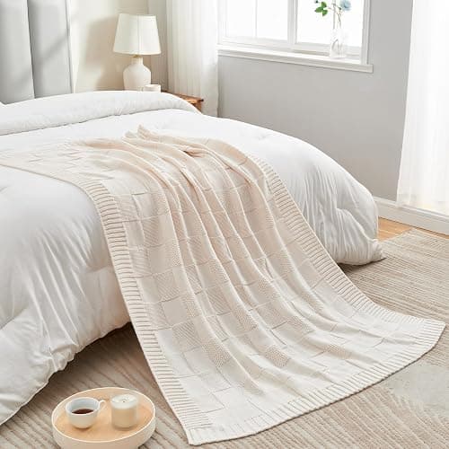 CozeCube Cream White Knitted Checkered Throw Blanket 60"X80" | Check Knit Throw for Couch, Decorative Christmas Soft Cozy Warm Blanket for Bed Sofa Living Room thumbnail 3