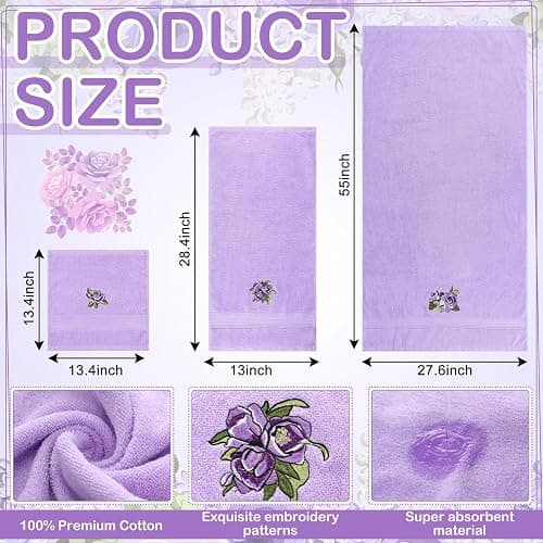Hillsuren 3 Pcs Rustic Purple Roses Bathroom Towel Set Farmhouse Embroidered Purple Roses Towels Vintage Decorative 100% Cotton Bath Towel Highly Absorbent Elegant Summer Decor Set for Bathroom thumbnail 3