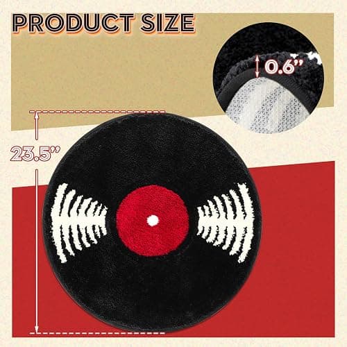 Vinyl Record Bath Mat Music Round Rug Retro Tub Bath Rug Non Slip Washable Funny Bathroom Decor Absorbent Tufted Rug Carpet for Bedroom Living Room Music Theme Decor Black and White 23.5" thumbnail 3