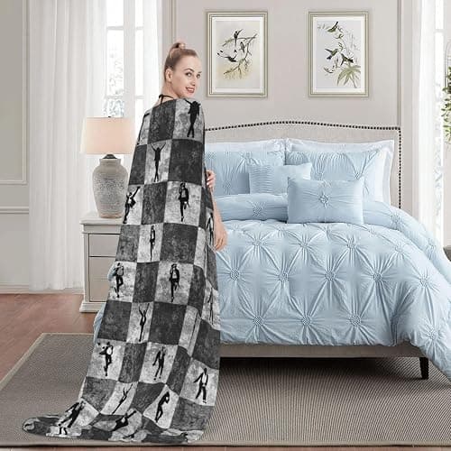 Black and White Checkered Hip Hop Dancer Throw Blanket, Funny Silhouette Dance Moves Pattern (80"x60") thumbnail 4
