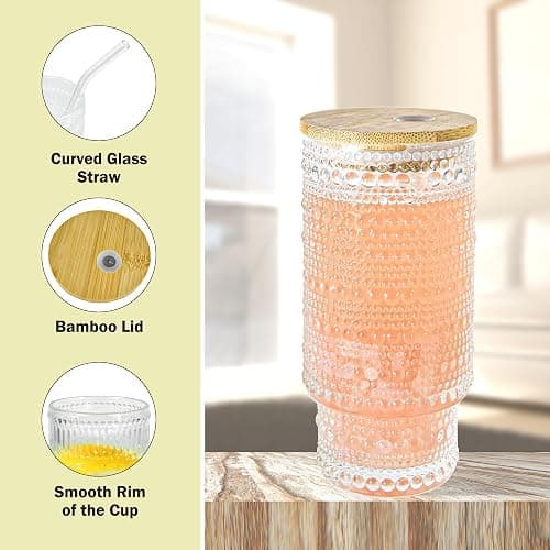 Icesip 4 Pcs 16 oz Glasses Cups Set with Bamboo Lids Straws Brush Hobnail Glassware Set for Juice Iced Coffee Beer and Cocktail Whiskey thumbnail 5