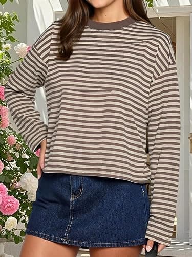 KOSUSANILL Striped Long Sleeve Shirt Women Oversized Baggy Crewneck Tshirt | Boxy Cropped Tee Tops Y2K Cute Preppy Sweatshirt Vintage Teen Girls Fall Pullover Top thumbnail 2