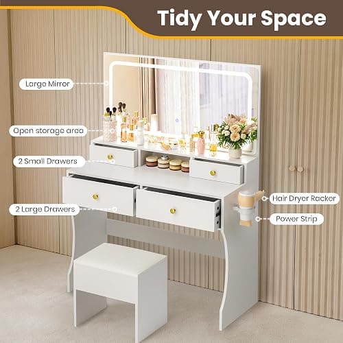 Pamapic Golden Handles Vanity Desk with Mirror and Lights, 4 Drawers Makeup Vanity with Charging Station, 3 Lighting Modes Upgraded Silent Slides Vanity Desk with Storage Stool thumbnail 5