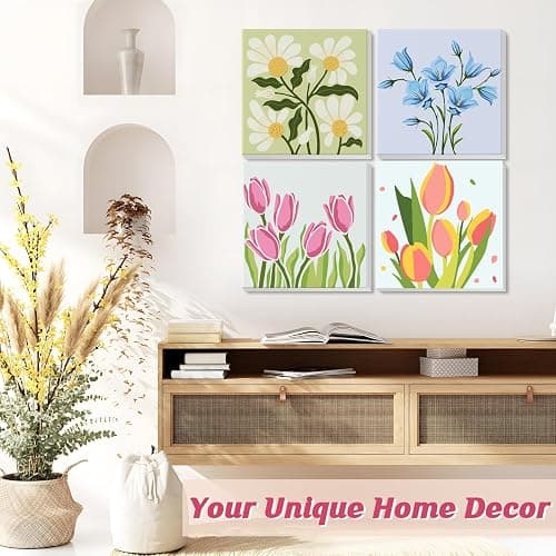 GHHKUD Paint by Numbers Kits for Adults Beginners, 4 Pack Canvas Painting by Numbers Kit for Kids, Flowers Landscape Acrylic Paint by Numbers with Wooden Frame, Crafts for Home Wall Decor (8x8inch) thumbnail 2