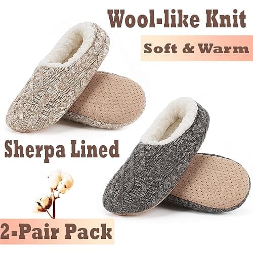 Cozylook 2-Pair Women's Soft Sole Slipper Socks with Grippers, Thick Warm Cozy Sherpa Lined Home Socks Set, Cable Knitted Non-slip Fluffy Winter House Bedroom Slippers thumbnail 2