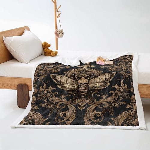 AILONEN Death Moth Throw Blanket,Gothic Moth Skull Fleece Sherpa Blanket Bed/Sofa Decor,Horror Themed Gold Floral Blankets for Boys Girls, 59 x 47 Inches thumbnail 2