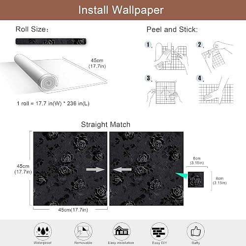LaiTique Gothic Rose Wallpaper – Black Floral Textured Peel and Stick Wallpaper, Self-Adhesive Vinyl for Home Decor, 17.7in x 236in thumbnail 7