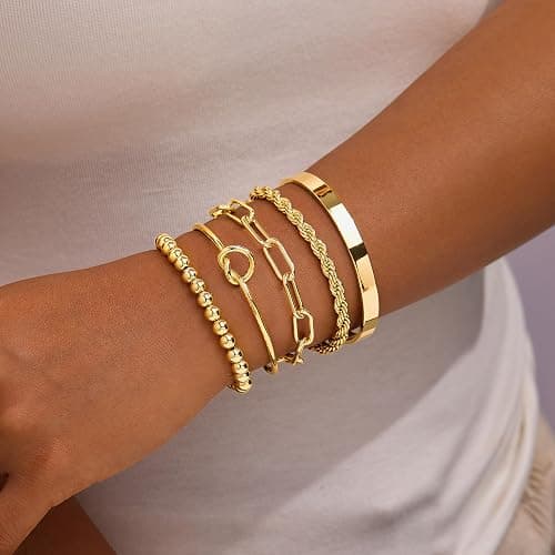 Gokeey Gold Bracelets for Women Non Tarnish, 14K Gold Plated Chunky Cuff Bracelet Gold Bangles Bracelet for Women Trendy Tie Knot Cuban Rope Paperclip Beaded Bracelet Stack Jewelry Gifts thumbnail 3