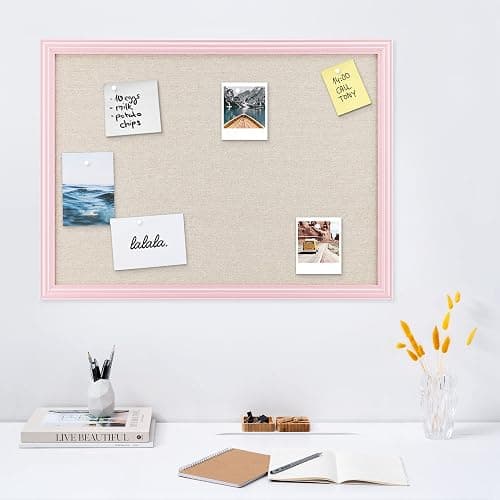 Navaris Framed Linen Bulletin Board - 17 x 23 inches Fabric Jewelry Organizer Pinboard for Wall Memory Memo Pin Board - Natural Linen with Pink Frame thumbnail 2