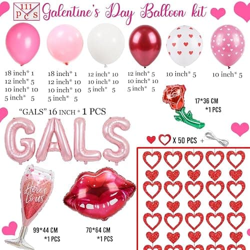 Galentines Day Party Decorations hot pink and pink Balloon Arch Garland Kit with GALS letter Wine glass rose lips Balloons for Galentines Day Party Valentines Lady Nignt Birthday Party Supplies thumbnail 7