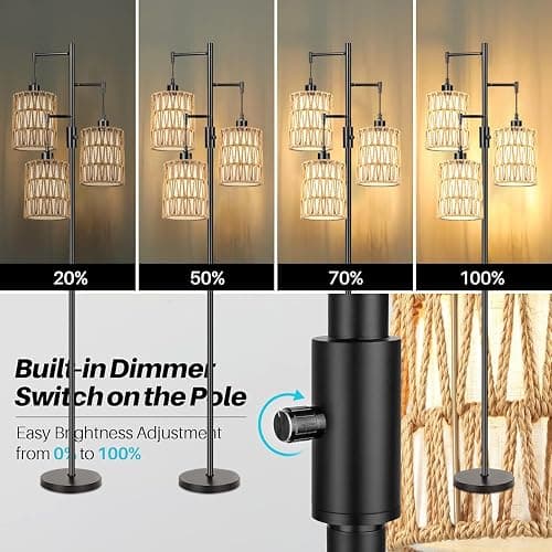ZECOXOL Boho Floor Lamp for Living Room Bedroom-3 Light Dimmable Floor Lamp with Three Led Bulb, Rustic Tall Lamp Black Standing Lamp Tree Floor Lamps for Living Room Bedroom,Office,Corner thumbnail 3