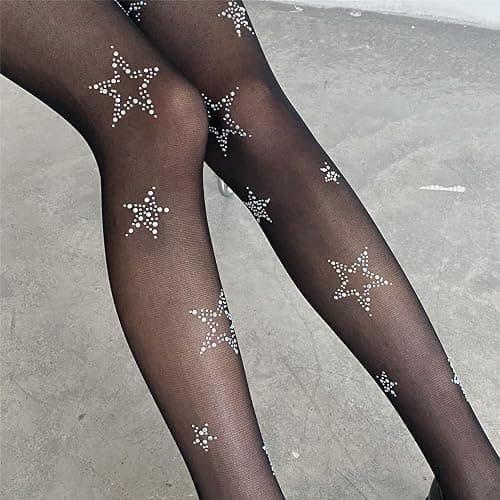SLITHICE Women's Fishnet Stockings Sparkly Rhinestone Tights Black Glitter Fishnets thumbnail 9