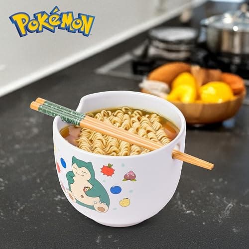 Silver Buffalo Pokemon Snorlax Relaxing and Eating Food Ceramic Ramen Noodle Rice Bowl with Chopsticks, Microwave Safe, 20 Ounces thumbnail 2