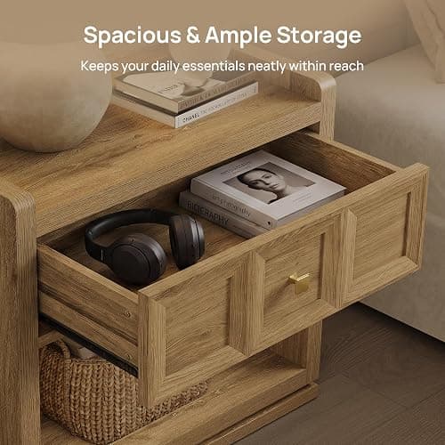 SICOTAS Night Stand Set 2, 26" Wide Nightstands Set of 2 with Drawer | Large Queen Size Nightstands, Farmhouse Bedside Table for Bedroom, Side End Table with Round Corners, Brown Oak thumbnail 9