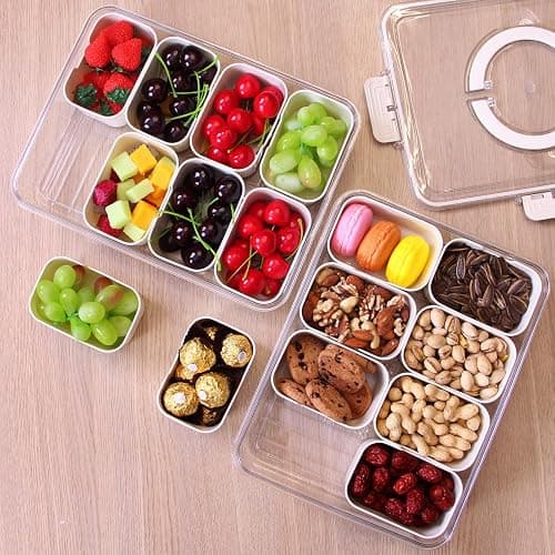 Yuroochii Snackle Box Container, Portable Snack Box 8 Compartment Divided Serving Tray with Lid & Handle, Clear Snack Charcuterie Platter for Travel Candy Party Fruit Salad (White) thumbnail 2