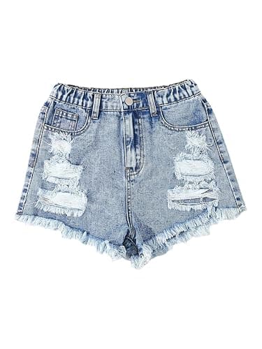 Floerns Girl's Ripped Raw Hem Elastic Waist Straight Leg Denim Shorts with Pockets - Image 1