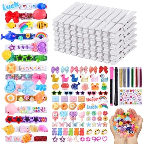 JOICEE 80 Set Cheer Pins Spirit Clips,Clothes pins Include 126 Mini Resin Animals Bows and Self Adhesive Stickers Pen 300 Beads Pearls for Backpacks Ribbon Team Classroom Cheer Gifts Bulk(White Wood) - Image 1
