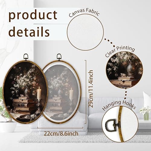 XPH Vintage Floral Book Oval Wall Art Framed, Book Lovers Gifts Oval Wall Decor, Dark Academia Flower Bookish Hanging Canvas Prints for Library Reading Nook Corner Room Decoration, 8.6x11.4 Inch thumbnail 7