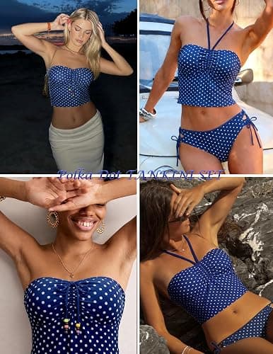 ZAFUL Cute Tankini Y2k Swimsuit for Women Trendy Side Tie 2 Piece Bikini Set Halter Ruched Bathing Suit Retro Strapless Top thumbnail 5