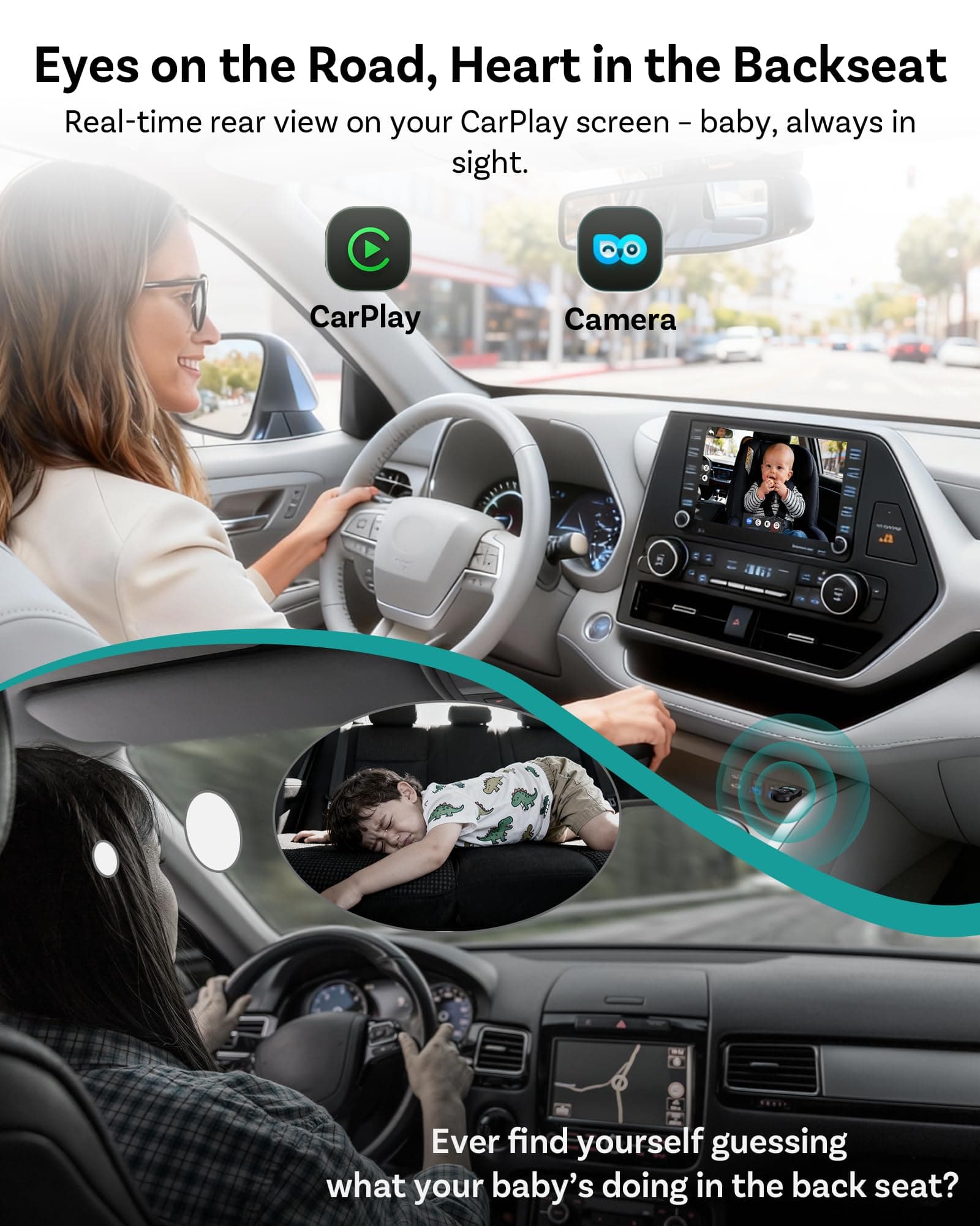 OTTOCAST Baby Car Camera &Wireless CarPlay Adapter,1080P HD Rear Seat Monitor Display on Car Screen,150°Wide Angle No-Glow Night View, Safety for Kids & Infants thumbnail 2