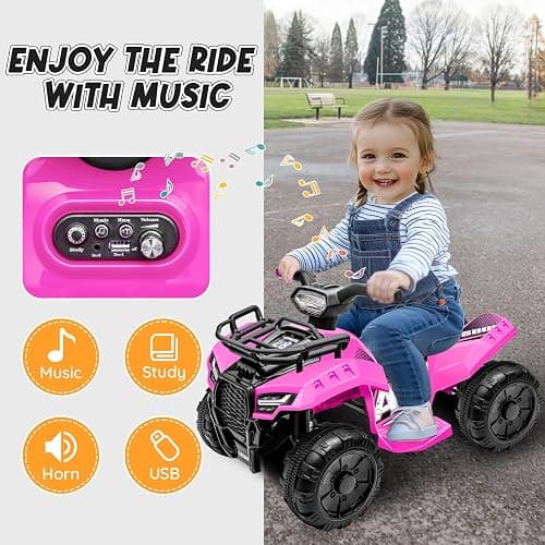 XCAR 6V ATV for Kids, 4 Wheeler for Toddlers with Music, Horn, Lights, 1.2mph Max Speed, Pink thumbnail 6