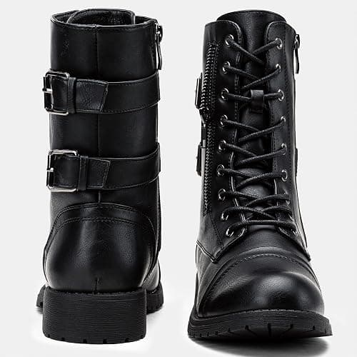 Vepose Women's Lace Up Mid Calf Combat Boots with Functional Pocket | Everyday moto style, functional zip pocket for cards and keys, low heel, inside zipper for city outfits and travel thumbnail 8