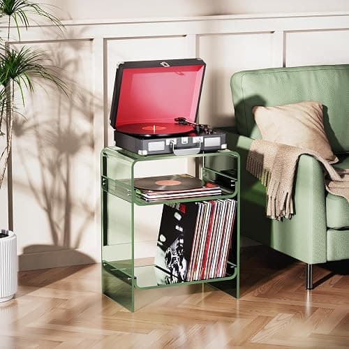 Acrylic Record Player Table with Storage Shelf, Clear Side Table Nightstand (Green, Large) thumbnail 4
