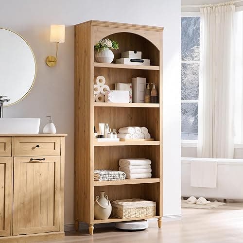 IFGET 76" Tall Arched Bookcase, Farmhouse 5 Tiers Large Arched Bookshelf Cabinet with Adjustable Shelves, Modern Wooden Book Shelf w/Storage and Open Display Shelves for Living Room, Office-Natural thumbnail 5