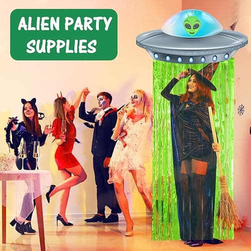 Simgoing Alien Birthday Party Door Curtain Decorations, Fluorescent Green | Foil Tinsel Flying Saucer Spaceship Hanging Banner for Alien Halloween Party Supplies, Fun Garland Decorations thumbnail 4