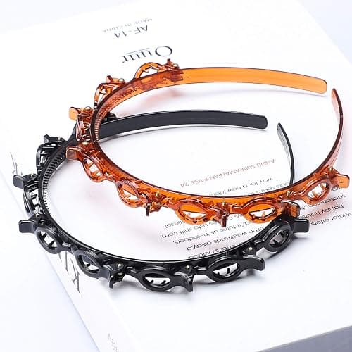 JASSINS 2 Pcs Bangs Hairstyle Hairpin Headband, Professional Weave Bangs Clip, Toothed Headband Braid Tool, Women Girls Fashion Hair Accessories (Black and Brown) thumbnail 6