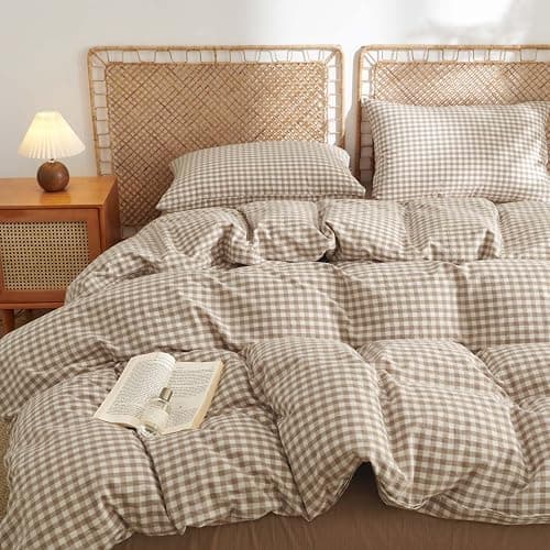 Nayoroom Gingham Duvet Cover Queen Size 100% Washed Cotton Brown Tan Plaid Checkered Comforter Cover 3 Pcs Soft Breathable Grid Farmhouse Dorm Bedding Set for All Seasons - Image 1