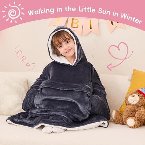 yescool Wearable Blanket Hoodie Kids, Oversized Blanket Sweatshirt with Sherpa Teen Girl Gifts for Kids, Youth, Boys, Girls, 8-15 Year Old Girl Boy Gift Warm Teen Wearable Blankets, One Size, Grey thumbnail 2