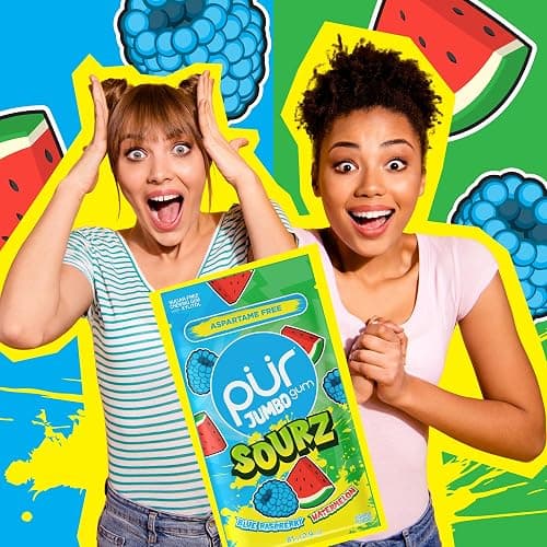 PUR Jumbo SOURZ Gum | Aspartame Free Chewing Gum | 100% Xylitol | Natural Flavor | Sour Blue Raspberry, Sour Watermelon, 20 Pieces (Pack of 1) thumbnail 4