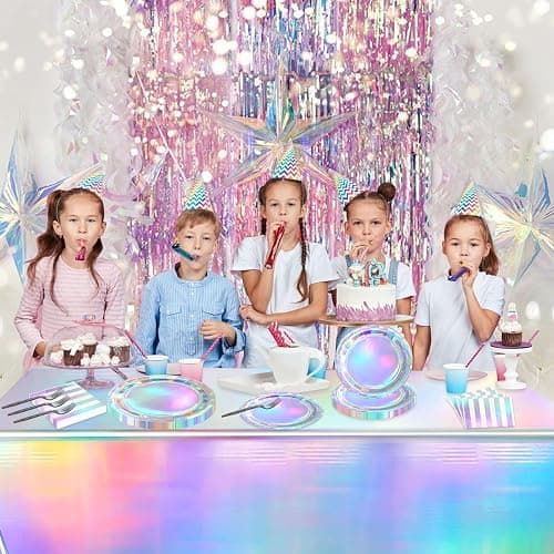 Iridescent Party Supplies for 20 Guests, Disposable Iridescent Tableware Set Includes Holographic Paper Plates, Napkins, Forks, Tablecloth for Birthday Mermaid Themed Party Decorations Wedding thumbnail 2