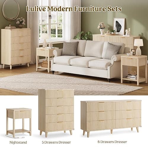 Night Stand Set 2, Fluted Wood Nightstands w/Charging Station for Bedroom | Natural, Storage Drawer, Open Shelf, Metal Silent Rails, Round Corners, Modern Fluted Panel, Living Room, Bedside Table thumbnail 9