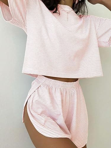 OYOANGLE 2 Pack Summer Pajama Set for Woman Striped Short Sleeve Tshirt and Split Shorts Cute PJ Sets Loungewear thumbnail 4