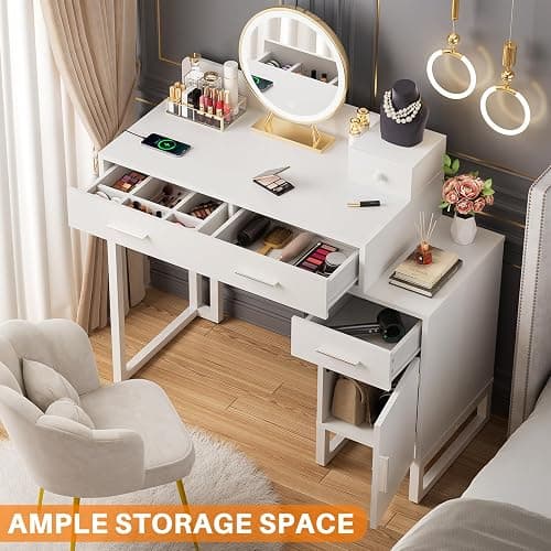 Vanity Desk with 4 Storage Drawers - Modern Makeup Vanity Table with Charging Station, White Vanity Desk with Reversible Cabinet Dressing Table Set with Divided Organizers for Women Girls, White thumbnail 7