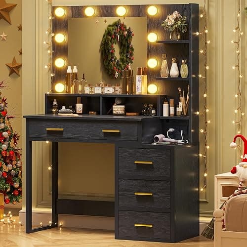 Tiptiper Makeup Vanity with Lights, Black Vanity Desk with Mirror & 3 Lighting Modes, Vanity Table with USB Ports and Outlets, Makeup Table with Nightstand & Storage Shelves & Drawers (Modern Black) - Image 1