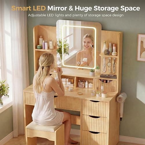 Vanity Desk with Mirror and Lights, Makeup Vanity Table with Large 6 Drawers Modern Fluted Wooden Dressing Table with Jewelry Hook 3 Color Modes Adjustable LED Mirror for Women Girls Bedroom or Dorm thumbnail 3