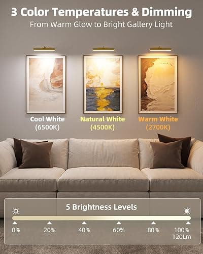 EZVALO Picture Lights for Wall, 13in Wireless Rechargeable 4000mAh LED Art Lights with Remote, Dimmable 3 Color Temps Painting Lights for Gallery, Living Room, Hallway (Gold, 2 Pack) thumbnail 2