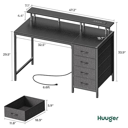 Huuger 47 Inch Computer Desk with Power Outlets and LED Lights, Gaming Desk with 4 Drawers, Office Desk with Monitor Stand, Study Work Home Office, Small Spaces, Black thumbnail 2